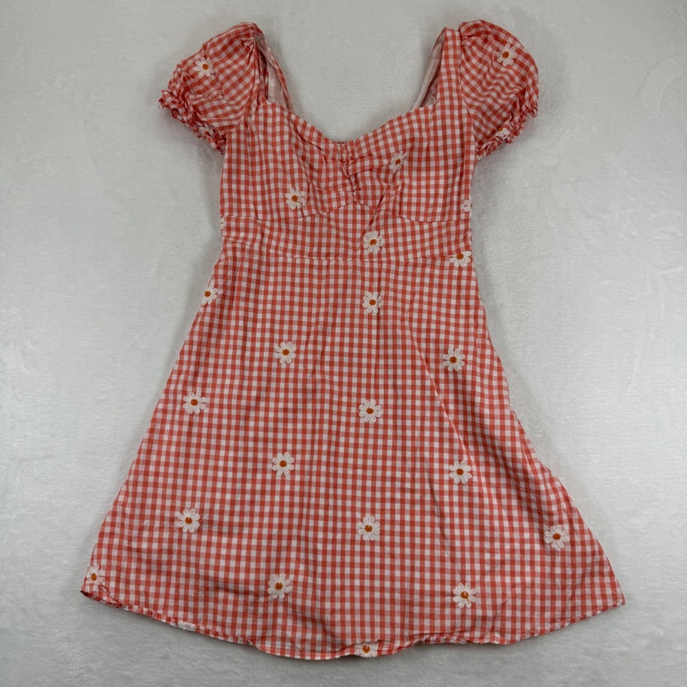 Altar'd State Jovita Orange Gingham Daisy Embroidered Puff Sleeve Mini Dress S